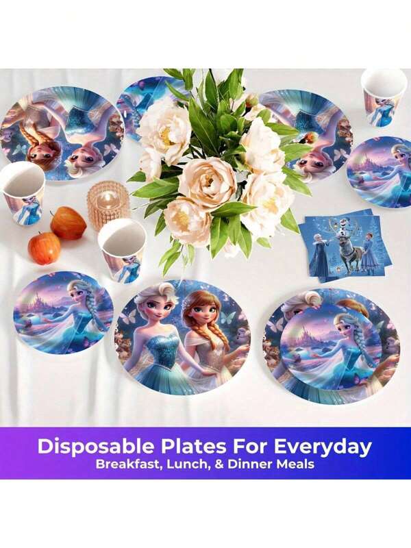 Disney Disney Frozen 100-Piece Party Tableware Set - Plates, Dessert Plates, Cups And Napkins | Elsa And Anna Theme Disposable Tableware, Perfect For Camping, Picnics, Weddings, Birthday Parties