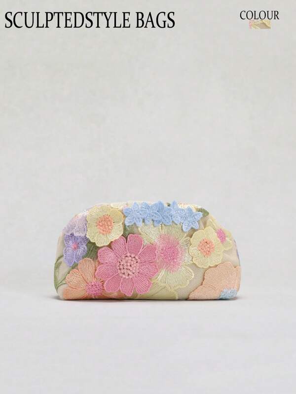 1 pieza Bolso tipo escultura con patrón floral 3D colorido, base de lino, malla bordada con volantes tipo nube, elegante y de moda para mujer, adecuado para vacaciones de verano en la playa (Flores cortadas al azar)