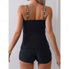 Women's Leopard Trim Tankini – Black Ruched Top And Boyshort Bottoms, Flattering And Supportive For Poolside And Vacation Wear,Slim Fit Runs Small Recommend Order One Size Up, Tummy Control Waist Ruched Cinching, Swimwear For Beach Vacation & Pool Party - Black - View 2