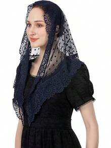 Wgior Triangle Vintage Inspired Lace Chapel Veils Catholic Mass Head Covering Scarf Mantilla Veils For Churchhalloween - Màu xanh hải quân - Xem 5