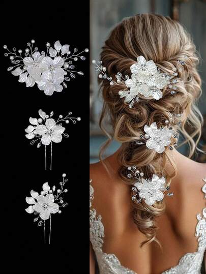 3pcs/Set Bridal Wedding Flower Crystal Pearl Hair Clips, Rhinestone Embellished White Floral Hair Accessories