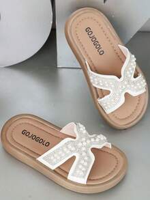 1 par de sandalias de dedo con tiras cruzadas decoradas con perlas y cristales para niñas/niños, color blanco - Beis - Ver 1