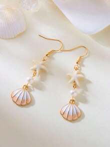 1 Pair Minimalist Starfish, Pearl & Shell Design Earrings, Suitable For Beach Vacation & Summer Matching - Multicolor - View 2