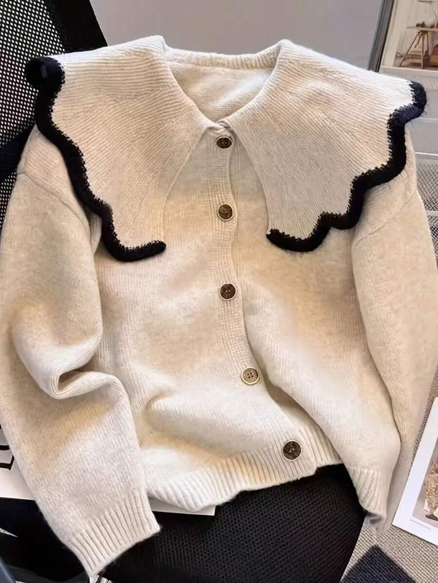 Apricot Loose Soft Vintage Style Unique Collar Design Knit Sweater, Suitable For Spring, Autumn, Winter - Apricot - View 1