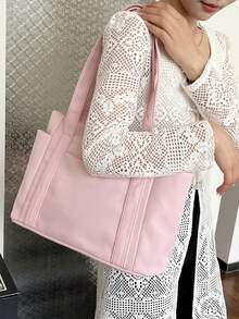 Fashionable Solid Color Minimalist Casual Large Capacity Tote Bag - Pink - View 7