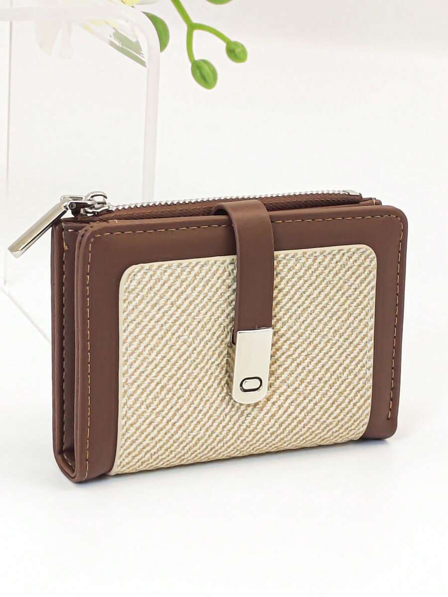 Ví ngắn chắp vá nhiều màu sắc dành cho nữ, Ví đựng tiền xu dệt rơm họa tiết thời trang, Ví đựng thẻ đa chức năng, Khóa bấm thanh lịch dành cho học sinh trẻ, Túi đựng thẻ có khóa kéo dung lượng lớn, Quà tặng tiện lợi, nhẹ, phong cách cho ngày lễ - Màu be - Xem 1