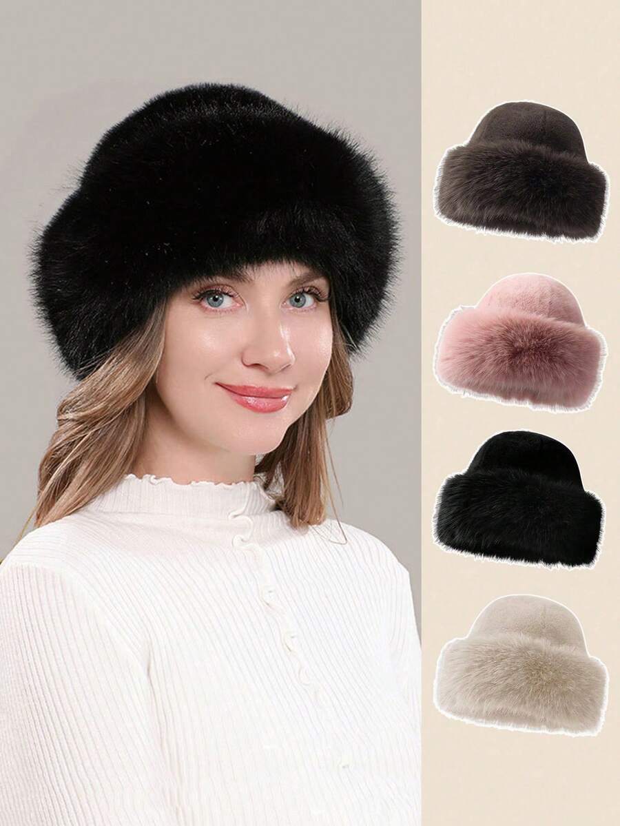 1 件帽子女冬季新款加厚保暖时尚简约渔夫帽仿貂毛女士蒙古帽温暖舒适遮阳冬装 - 彩色 - 查看 1