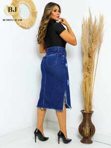 Premium Denim Skirt With Side Slit And Destroyed Detail