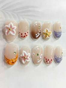 10 件超可爱多巴胺色手工按压指甲，3D 雕刻可重复使用可爱假指甲，带有花卉、波尔卡圆点、波浪元素，适合校园、节日、日常穿着，是送给女士和女孩的绝佳礼物