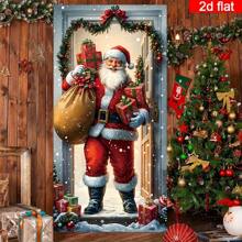 2D Door Hanging Banner, 2D Flat Banner, 1set Christmas Door Curtain Set - Polyester Santa Claus Delivering Gift Decor, Vibrant Holiday Home Entrance Banner, Multipurpose Hanging New Year Winter Party Decoration