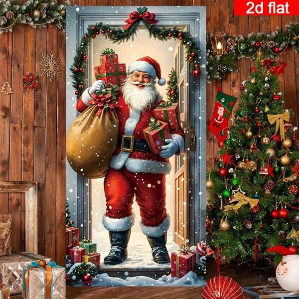 2D Door Hanging Banner, 2D Flat Banner, 1set Christmas Door Curtain Set - Polyester Santa Claus Delivering Gift Decor, Vibrant Holiday Home Entrance Banner, Multipurpose Hanging New Year Winter Party Decoration