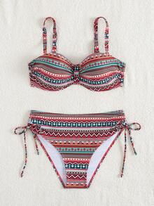 2pcs Women's Swimsuit Set, Retro Print, High-Elastic Knit Fabric, 82% Polyester + 18% Spandex, Geometric Pattern, Drawstring Design, Top 195gsm, Lining 130gsm, Summer Beach Wear Vacation - Multicolor - View 5