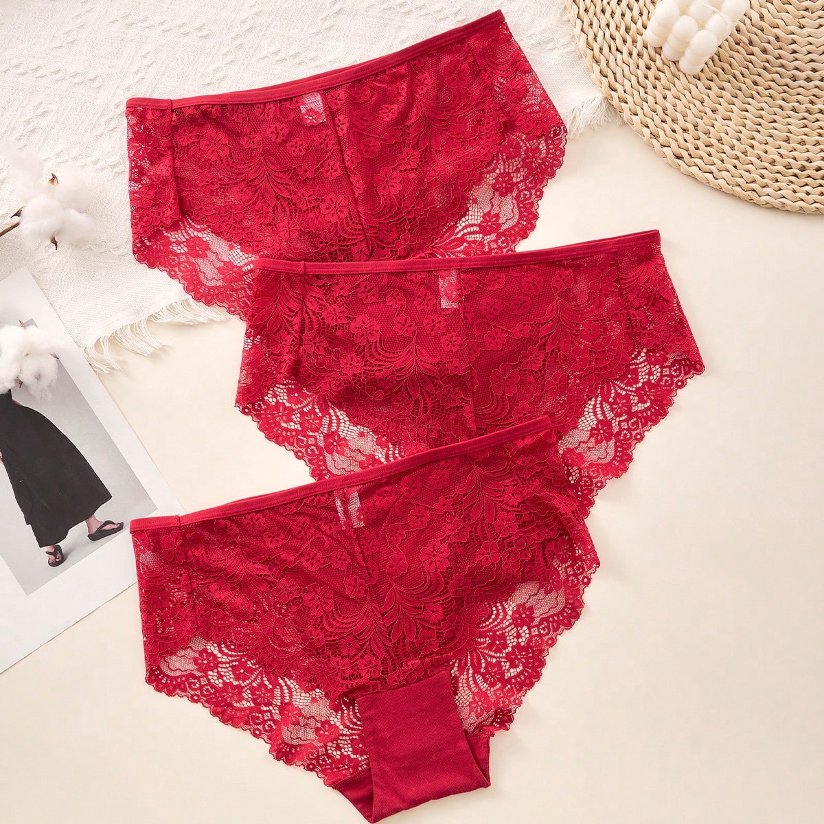 Paquete de 3 bragas de mujer de talla grande con encaje romántico, transpirables y de unicolor de alta calidad, color rojo
