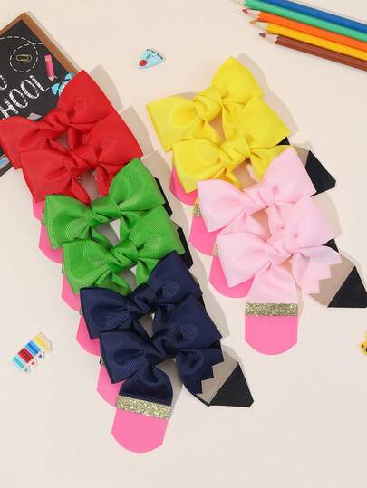 2/10pcs Back To School Bow Hair Clips, Glitter Pencil Hair Clips, Fashion Student/Teen Back To School Party Gift Hair Accessories