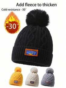 1pc Autumn Winter Thicken Knitted Beanie Hat, Women Warm Thermal Lined Ear Protection Casual Elegant Streetwear Polyester Hat With Letter, Bohemian Pattern Embroidery, Suitable For Cold Weather Halloween