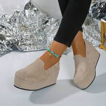 Sapatos de Plataforma de Salto Anabela Redonda Femininos, Bombas Casuais de Sola de Corda de Linho Suede para Uso Externo, Primavera/Outono, Tamanho 35-43 (Tamanho Grande Meio Número)