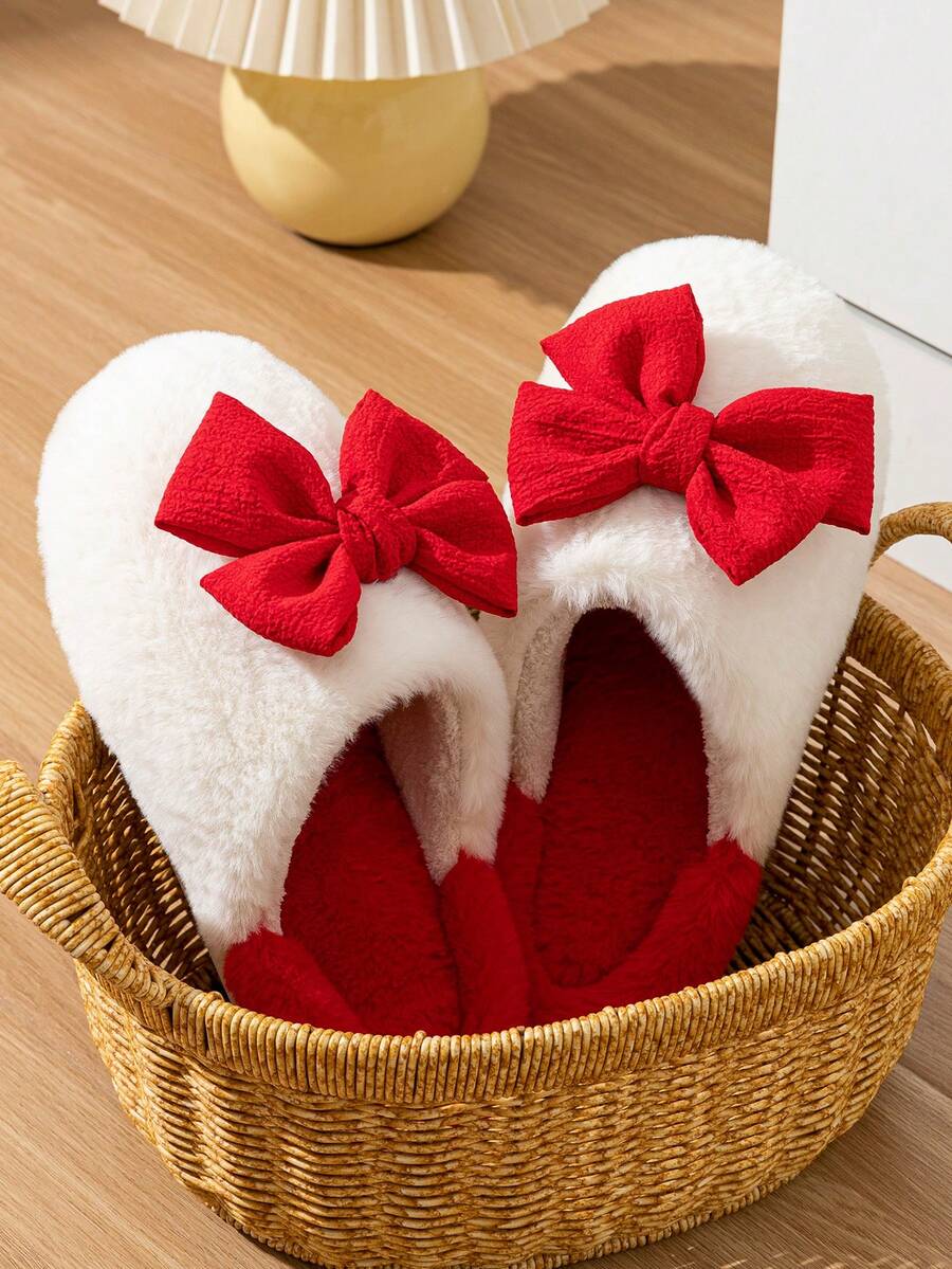 نعال منزلية مسطحة مزينة بفيونكة حمراء لاستخدام داخلي/المنزل للنساء