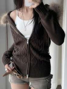 Y2K街头风毛绒连帽针织拉链卫衣，长袖，韩版时尚，女款，秋冬 - 棕色 - 查看 8