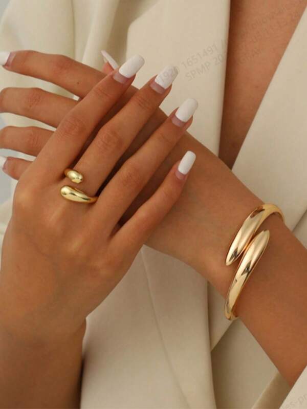 1 Set European & American Style Water Drop Crossover Vintage Open Ring & Bracelet