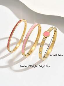 3pcs Fashion 18K Gold Plated Stainless Steel Four-Leaf Clover Nail Bracelet, Suitable For Women's Party, Daily Wear, European And American Style, Personalized, Generous, Luxury Cubic Zirconia Wristband, Wedding Jewelry Set, Gift For Girls, Women, Relatives, Friends, Beautiful Wedding, Birthday, Valentine's Day, Mom, Mother, Mother's Day, Gift