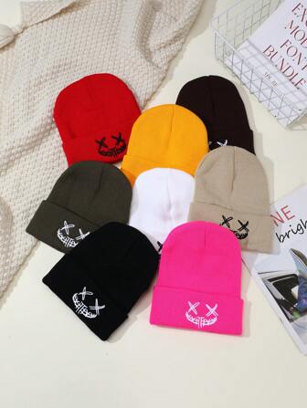Gorro de punto unisex con expresión bordada linda/malvada, versátil