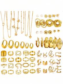 86/68/61/58/40/35 Stücke Vintage elegantes Mode Multi-Element Kunstperle Herz Schmetterling Seestern Muschel Blume Blatt Kubikzirkonia Bling geometrische Linie verdrehtes Cut Out Design Halskette Ohrringe Ring Armband Schmuckset, personalisiertes minimalistisches raffiniertes Design, geeignet für Schmuck, Urlaub, Party, Date, Alltag