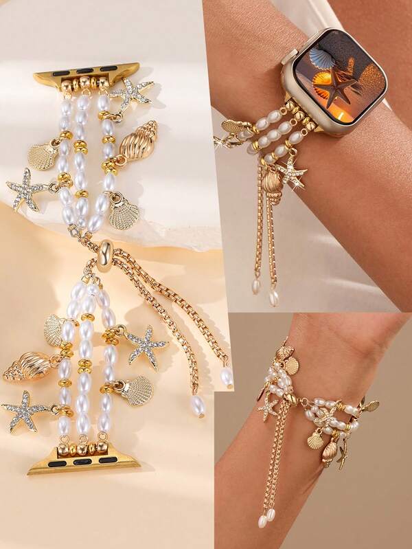 1pc Compatible With Apple Watch Band Compatible With Apple Watch Strap Women, Three-Row Pearl Pendant Bracelet, Golden Fashionable And Exquisite, Starfish & Shell & Conch & Pendant Watch Straps, Compatible With Apple Watch 38/40/41/42/44/45/49mm, Apply To AppleWatch Ultra/Se/10/9/8/7/6/5/4/3/2/1, Applicable Scenario Daily Wear, Beach, Summer Ms Pearl Accessories On Holiday, Telescopic Rope Design Wear Convenient And Easy To Adjust