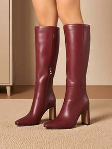 Women's Solid Knee High Boots Fashion Square Toe Block Chunky High Heels Side Zipper Party Dress Sexy Fall Boots Woman - 酒紅色 - 查看 1