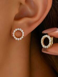1pair Sterling Silver 925 Rhinestone Circle Stud Earrings With Jewelry For Women Valentine's Day Casual Fine Ladies Jewelry Gift Valentines - Style 5 - View 3