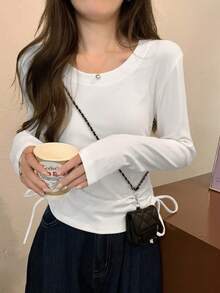 早春韩版修身抽绳圆领长袖T恤，百搭女式衬衫 - 白色 - 查看 3