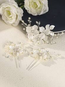 3pcs/Set Bridal Wedding Flower Crystal Pearl Hair Clips, Rhinestone Embellished White Floral Hair Accessories