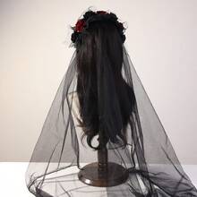 1pc Halloween Simulation Rose Flower Headband, Black Veil Headband, Black Veil Headpiece, Costume Accessory For Valentine's Day Party, Bridal Red Rose Veil