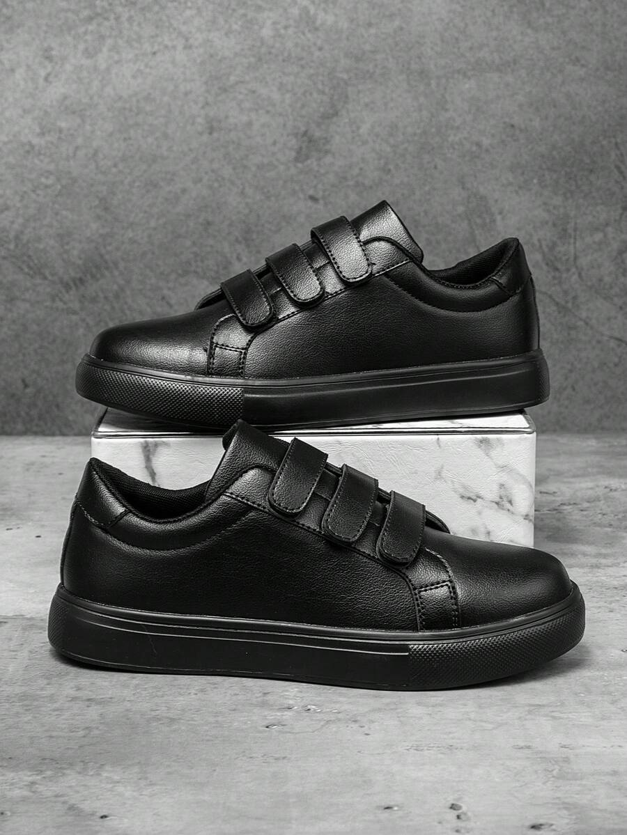 (Runs Small) Men's Classic Pure Black Patchwork Easy-On Hook-And-Loop Casual Sneakers, Fashionable Daily Commute Comfortable Versatile Couple Sports Shoes