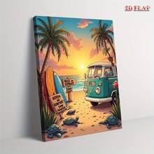 1pc, Beach Canvas Wall Art, Tropical Palm Tree Van Scene, Solid Wood Frame, Ready To Hang. Coastal Decor, Beach House Art, Living Room, Bedroom, Office Art, Summer Vibes, Sunset Wall Art, Turtle Beach Van Print, Framed Canvas Art, Easy Install, Tropical Getaway Wall Art. - Multicolor - View 1