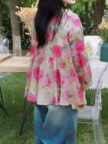 YUXIN 宽松可爱三分袖圆领衬衫，时尚蝙蝠袖碎花衬衫，适合夏季 - 玫紅色 - 查看 12