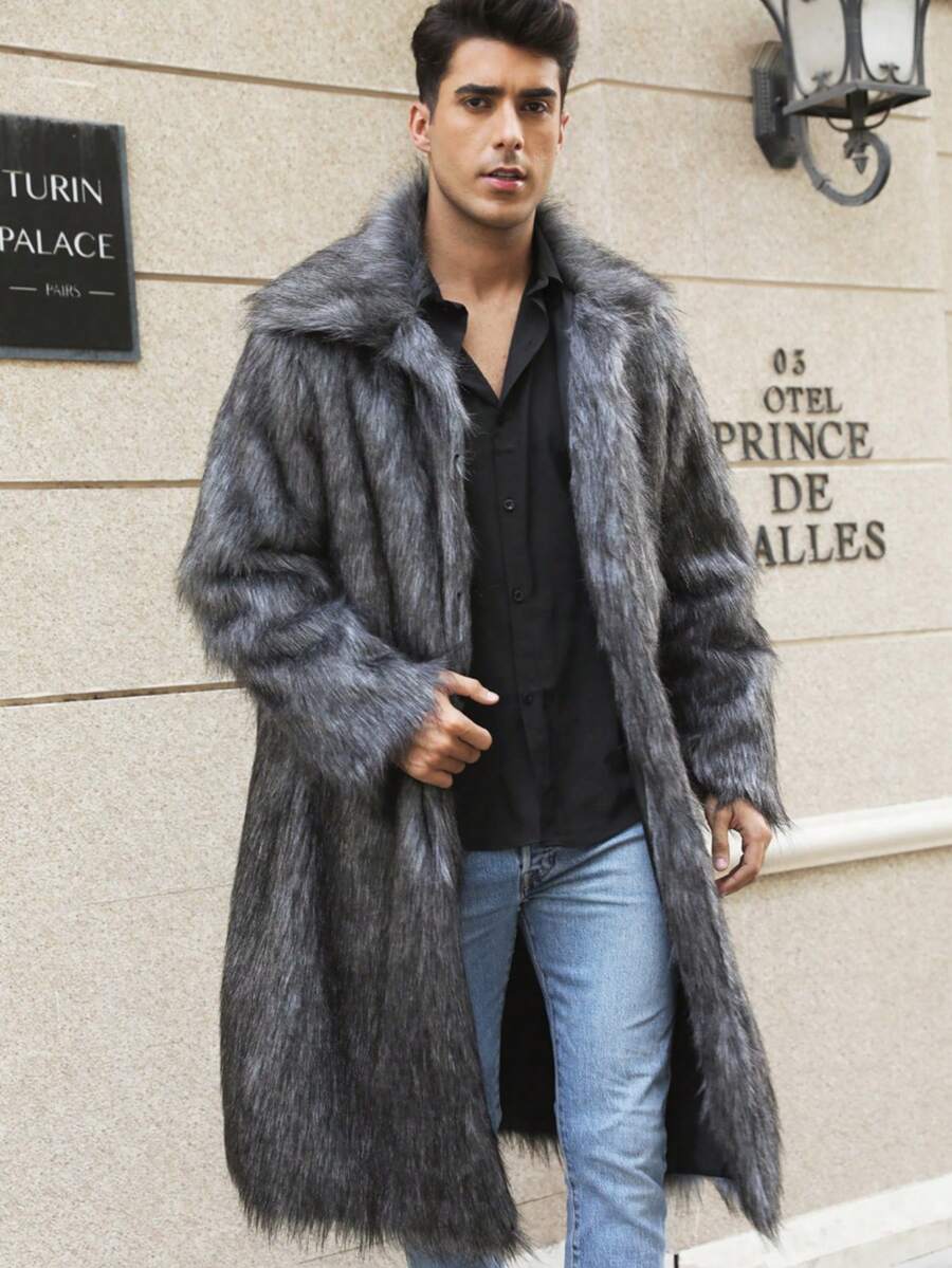 New Men's Square Collar Faux Fur Long Coat , Fall Winter - Dark Grey - View 1