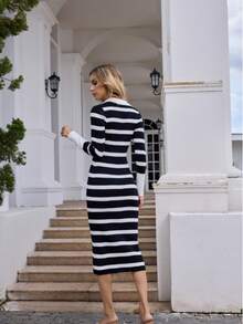 New Elegant Turndown Collar Long Sleeve Striped Knit Dress