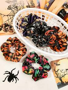 3 件套时尚印花发圈，南瓜、骷髅、布卷发饰，适合女性、百搭发型、马尾辫夹、发圈、发绳 - 彩色 - 查看 4