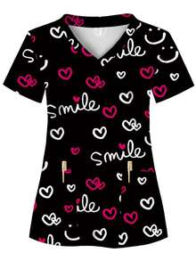Allover Print, SMILE Pattern, Two Pockets, Women's Scrub Top, Comfortable T-Shirt For Healthcare Professionals - Soft, Breathable, Practical Uniform Suitable For Hospitals, Dental Clinics, Beauty Salons And Institutions, Nurse Workwear - Black - View 1