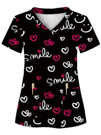 Estampado total, Patrón SONRISA, Dos bolsillos, Blusa de pijama para mujeres, Camiseta cómoda para profesionales de la salud - Suave, transpirable, uniforme práctico adecuado para hospitales, clínicas dentales, salones de belleza e instituciones, ropa de trabajo de enfermera