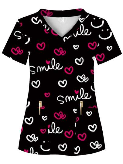 Allover Print, SMILE Pattern, Two Pockets, Women's Scrub Top, Comfortable T-Shirt For Healthcare Professionals - Soft, Breathable, Practical Uniform Suitable For Hospitals, Dental Clinics, Beauty Salons And Institutions, Nurse Workwear