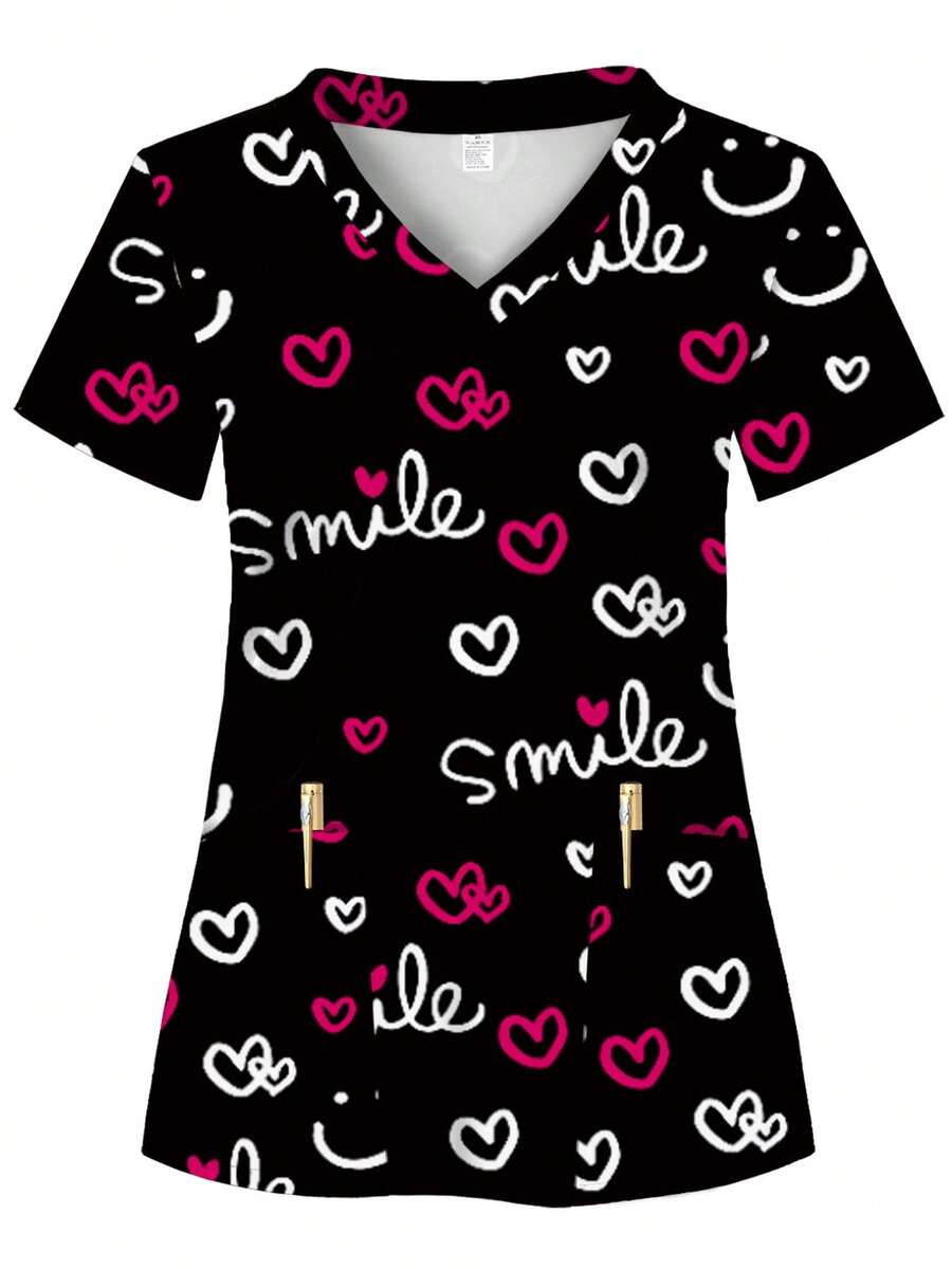 Allover Print, SMILE Pattern, Two Pockets, Women's Scrub Top, Comfortable T-Shirt For Healthcare Professionals - Soft, Breathable, Practical Uniform Suitable For Hospitals, Dental Clinics, Beauty Salons And Institutions, Nurse Workwear - Black - View 1