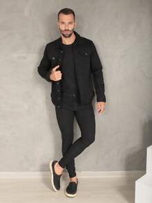 Men's High Quality Denim Jacket, Plain Black Premium - Plain Black - View 4