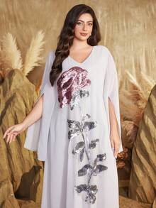 Đầm dài kiểu Ả Rập cỡ lớn dành cho nữ, thêu hoa và đính sequin, thiết kế thanh lịch, thích hợp cho kỳ nghỉ xuân. - Bụi tím - Xem 1