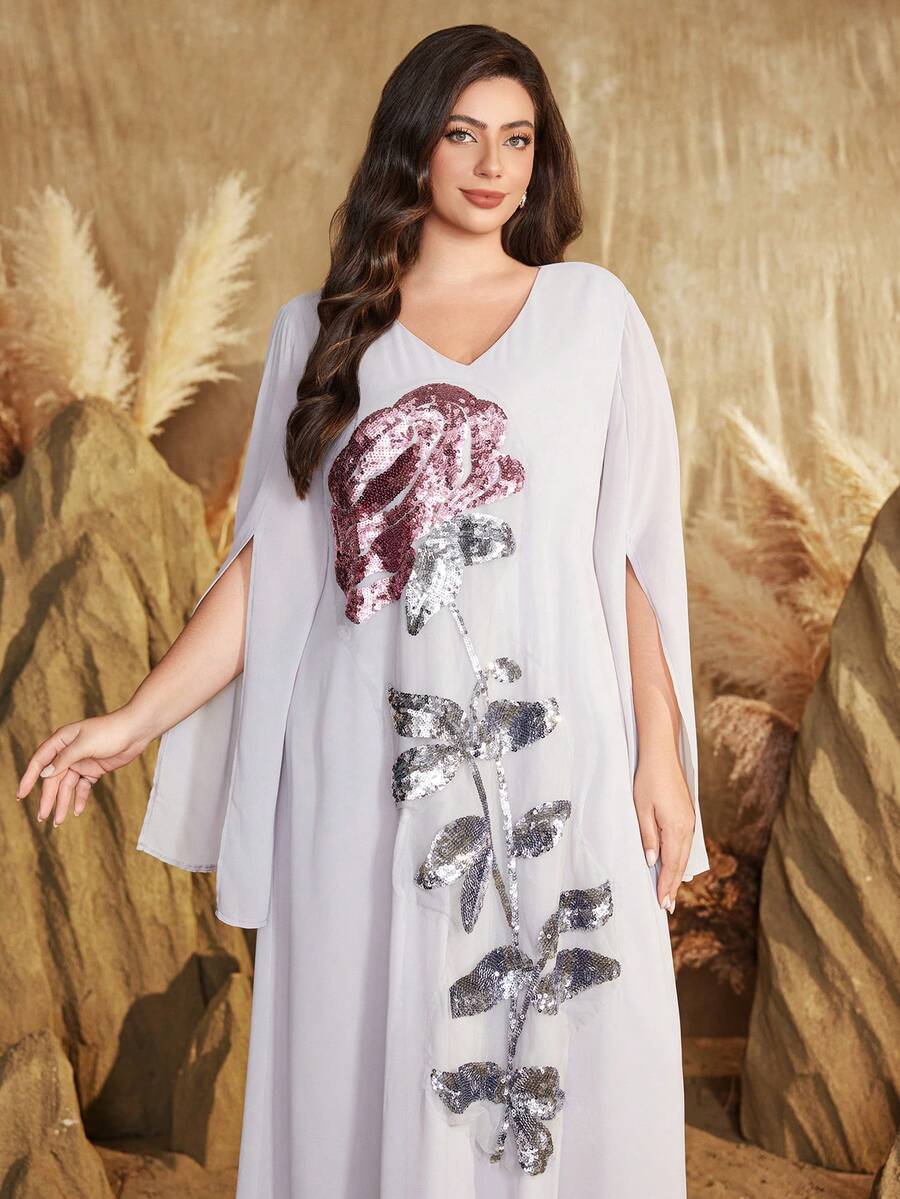 Đầm dài kiểu Ả Rập cỡ lớn dành cho nữ, thêu hoa và đính sequin, thiết kế thanh lịch, thích hợp cho kỳ nghỉ xuân. - Bụi tím - Xem 1