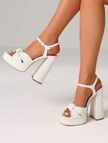 Women's Sexy Block Chunky High Heels Sandals Fashion Bow Knot Open Toe Platform Buckle Solid Party Dress  Summer Sandals Woman - 白色 - 查看 1