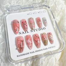 30Pcs Pink Flower Press On Nails Medium Almond Nails With 3D Pearl Rhinestones Designs Glue On Nails Peach Blossom Acrylic Nails Cute False Nails Bow Stick On Nails Women Nail Supplies - 1 - 查看 5