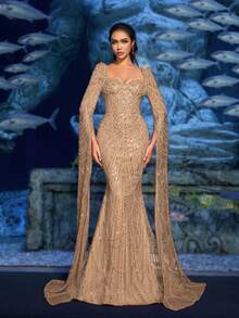 Faeriesty 奢华水晶串珠晚礼服，超长开衩袖设计——完美适用于水下盛会、Met Gala晚宴、艺术画廊开幕式、派对、婚礼等场合，尽显优雅气质。 - 香檳色 - 查看 2