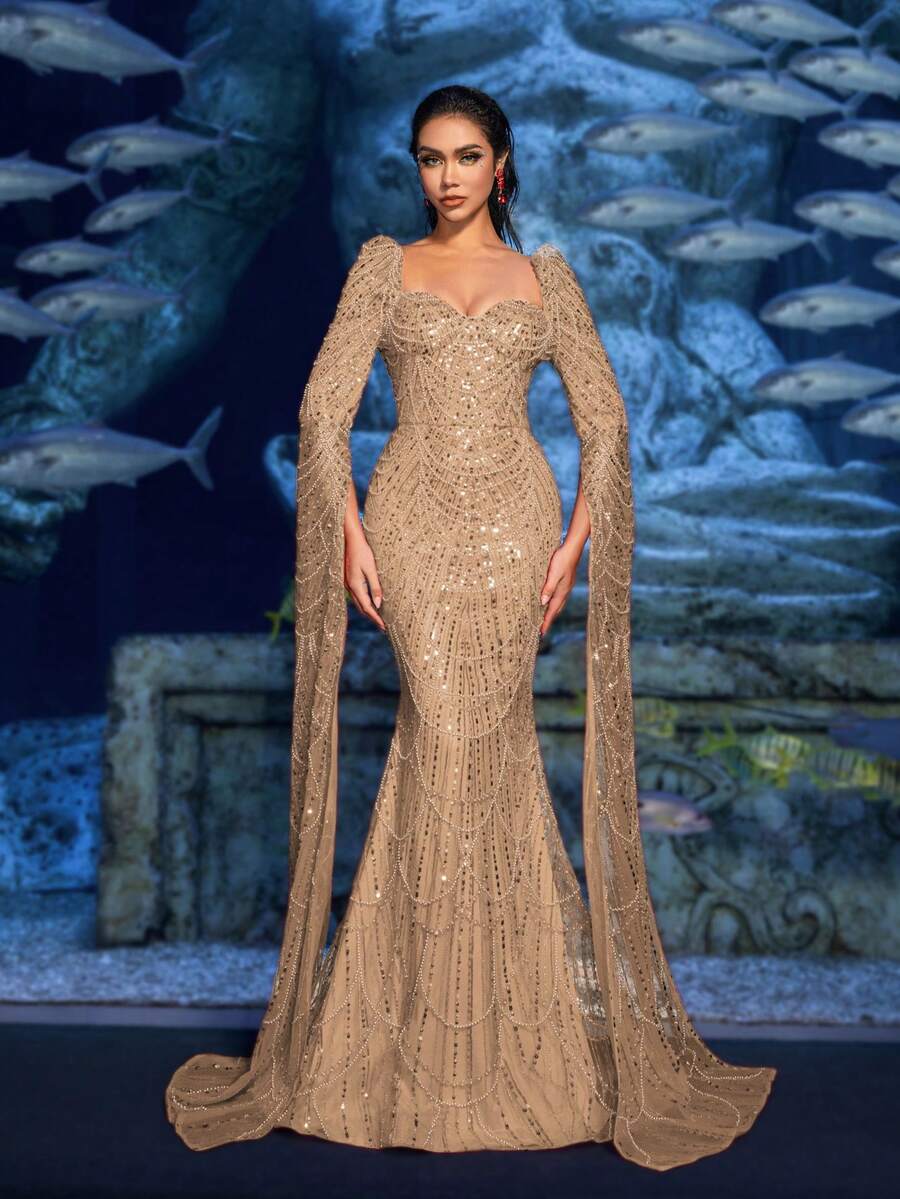 Faeriesty 奢华水晶串珠晚礼服，超长开衩袖设计——完美适用于水下盛会、Met Gala晚宴、艺术画廊开幕式、派对、婚礼等场合，尽显优雅气质。