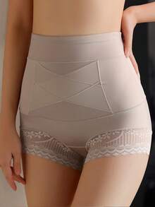 Quần lót ôm sát cạp cao không đường may cho nữ, kiểm soát bụng, ren vá, gợi cảm và không cuộn - Màu be - Xem 3